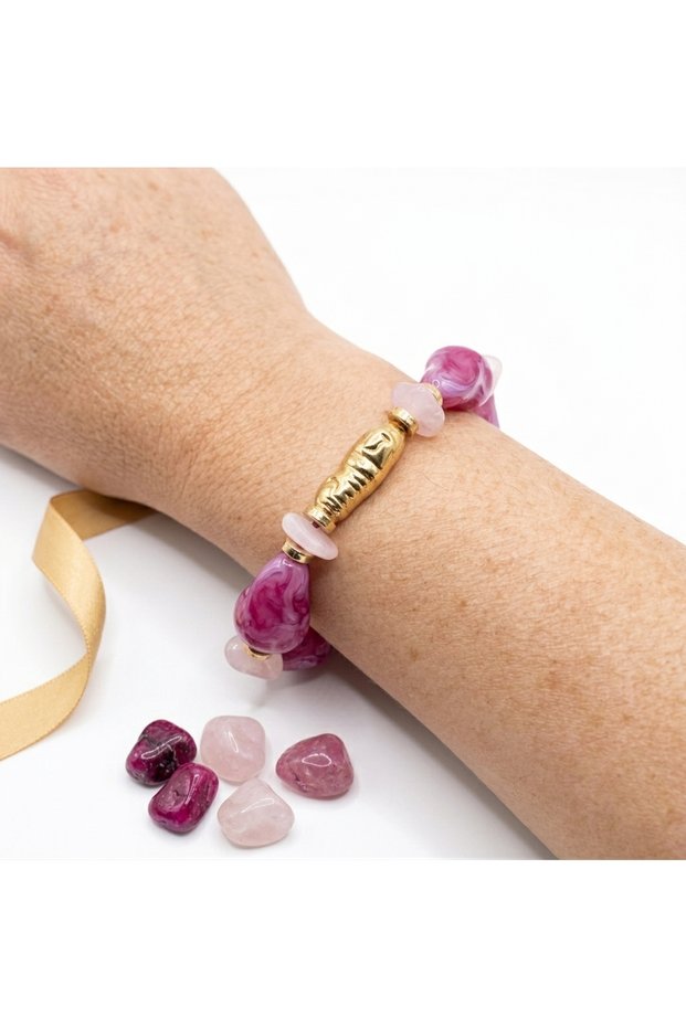 Women's Fuchsia and Pink Marbled Large Beaded Gold Color Apparatus-Adorned Stylish Bracelet