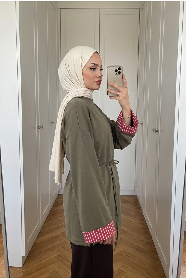 Women's Striped Detailed Collar and Wide Cuff Belted Tunic 70 cm