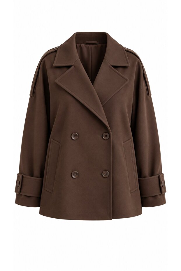 Brown Double-Breasted Collared Trench Coat - 2Y7537