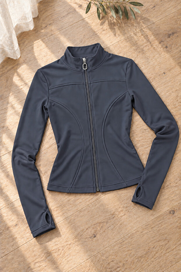 Women's Stand Collar Zippered Finger-Loop Scuba Fabric Slim Fit Sports Jacket