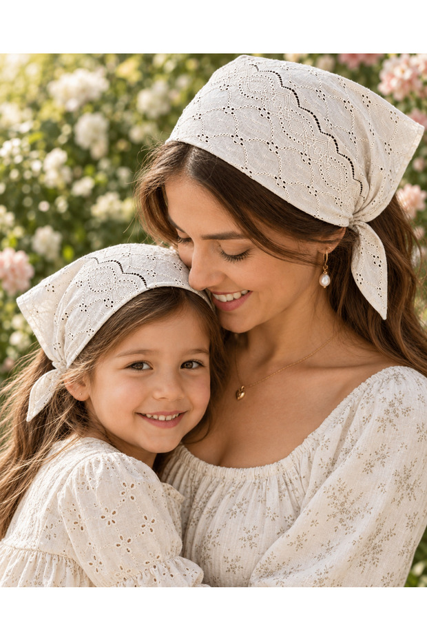 Mother Child Bandana Set 100% Cotton Scallop Fabric White