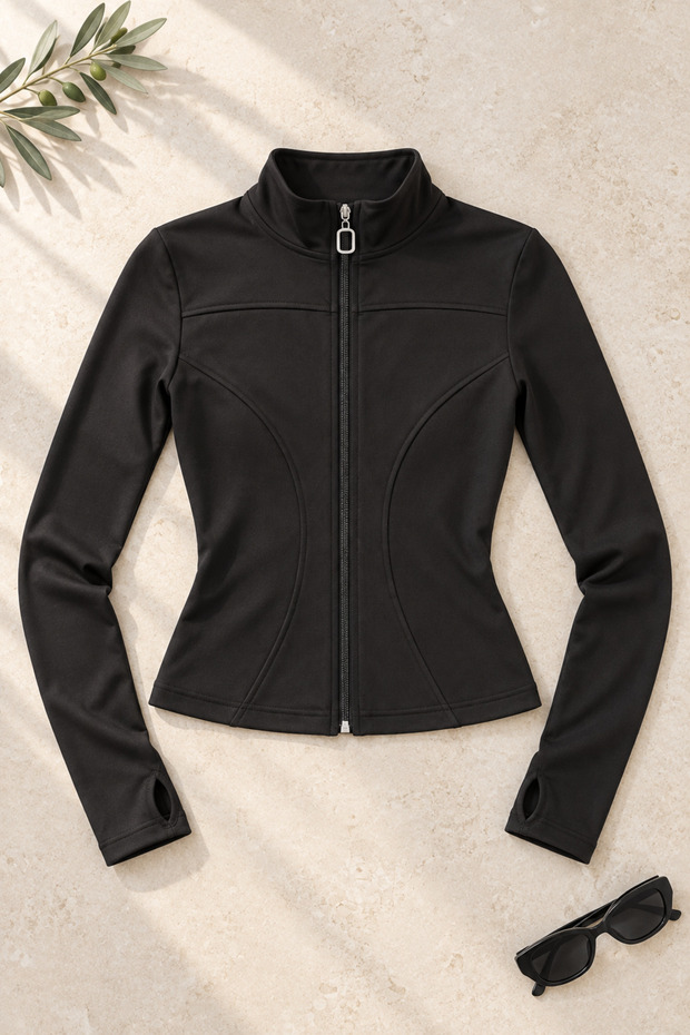 Women's Stand Collar Scuba Fabric Zippered Slim Fit Sweatshirt with Finger Loop