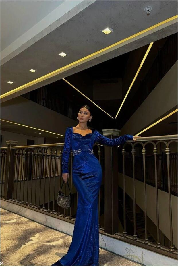 Velvet Detailed Evening Dress Stone Fabric Dress Collar Heart