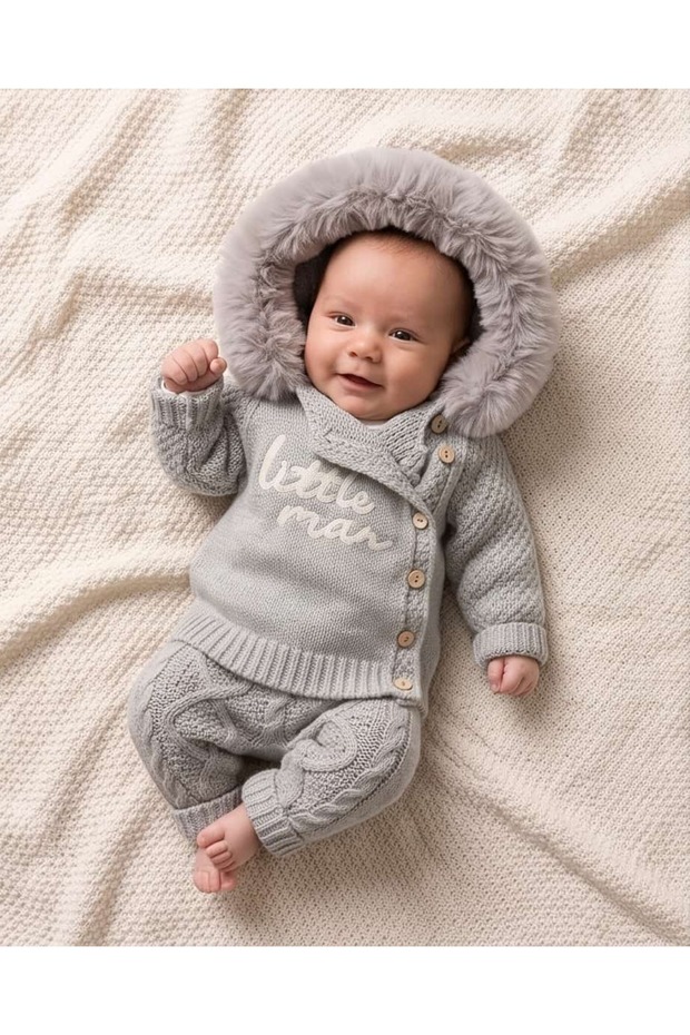 Little Man Baby Boy Woolen Salopet Cardigan Combination with Fur Detail