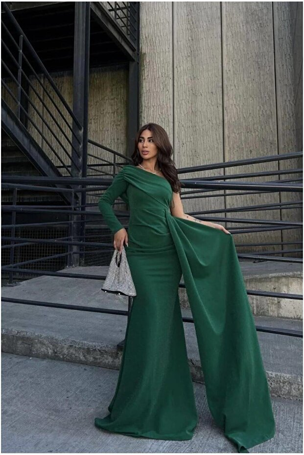 Crepe Single Shoulder Fabric Dress with Tail
