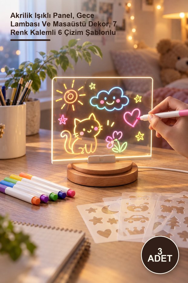 3 Pieces DIY Led Writing Board – Acrylic Illuminated Panel, Night Light and Desktop Decoration, with 7 Color Pens and 6 Drawing Templates
