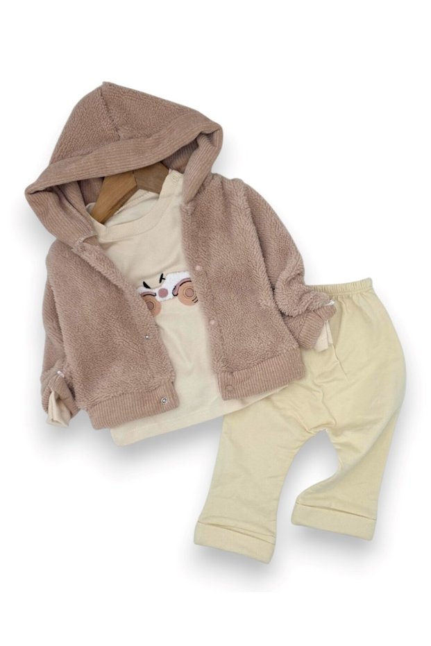 Baby Boy Winter Welsoft Hooded Cardigan 3-Piece Top and Bottom Set 0-3-6-9 Months