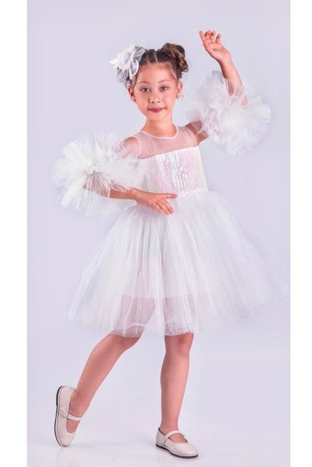Girls' Sequined Puff Sleeves Pompom Tulle Fluffy Tutu Dress Birthday and Party Dress