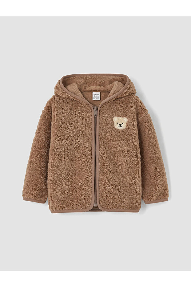 Brown Hooded Embroidered Plush Baby Boy Cardigan