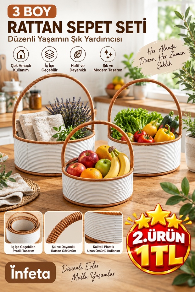3-Piece White Plastic Rattan Basket Set with Brown Handles Multi-Purpose Organizer