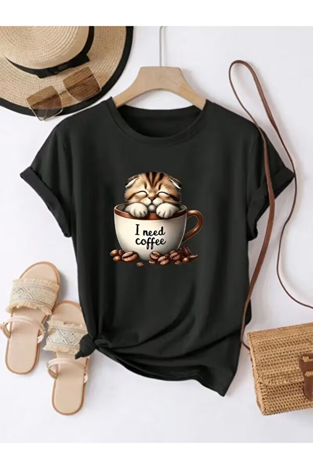 I Need Coffee Cute Cat in a Coffee Cup Printed Black Unisex T-Shirt – Fun Casual Tee for Coffee and Cat Lovers