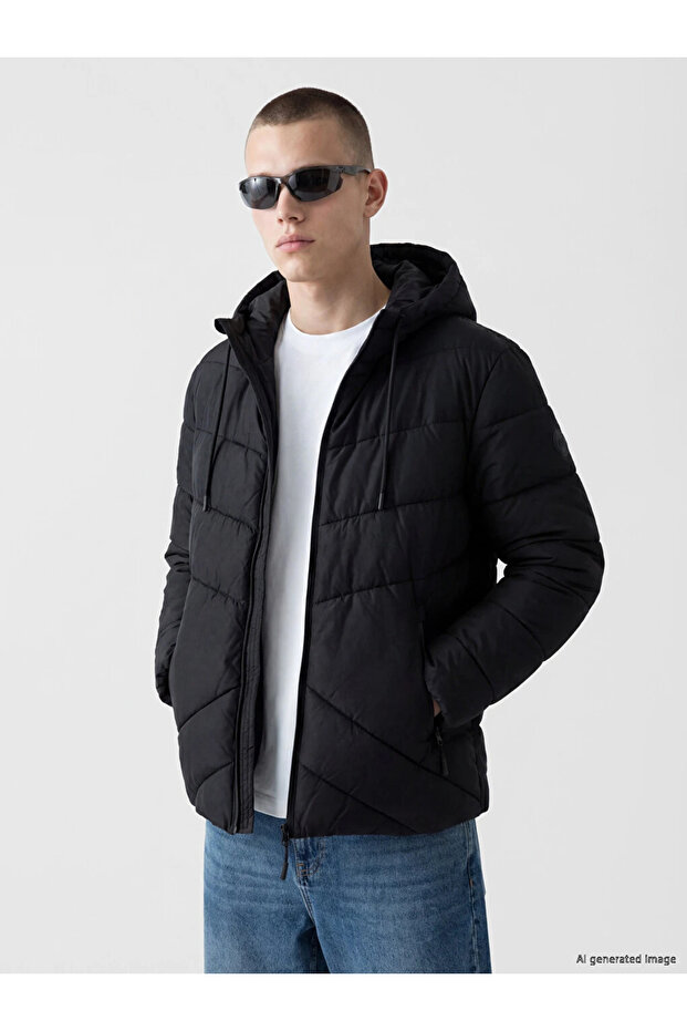 Black Regular Fit Hooded Men's Puffer Jacket