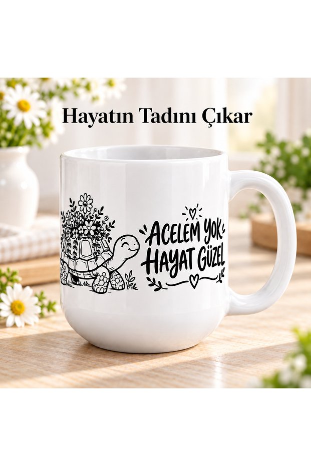 No Hurries, Life Is Beautiful Written Mug Cup 300 ml Porcelain Turtle and Flower Pattern Coffee Tea Cup Gift