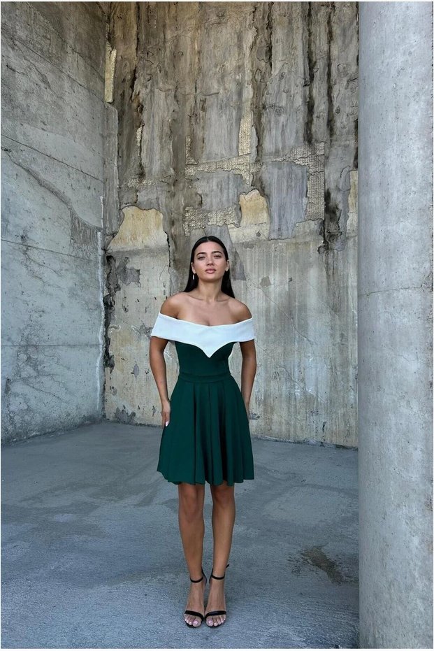 V Detailed Evening Dress with Collar and Pleated Mini Skirt