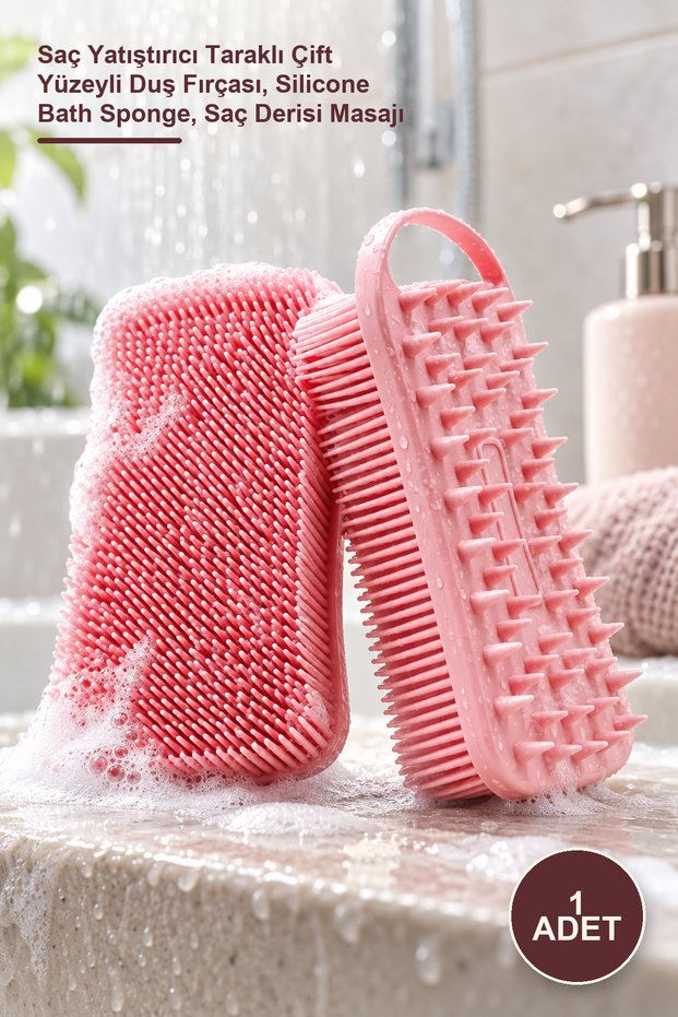 1 Piece Double-Sided Silicone Shower Massage Loofah – Hair Soothing Dual-Surface Shower Brush with Comb, Silicone Bath Sponge, Scalp Massage