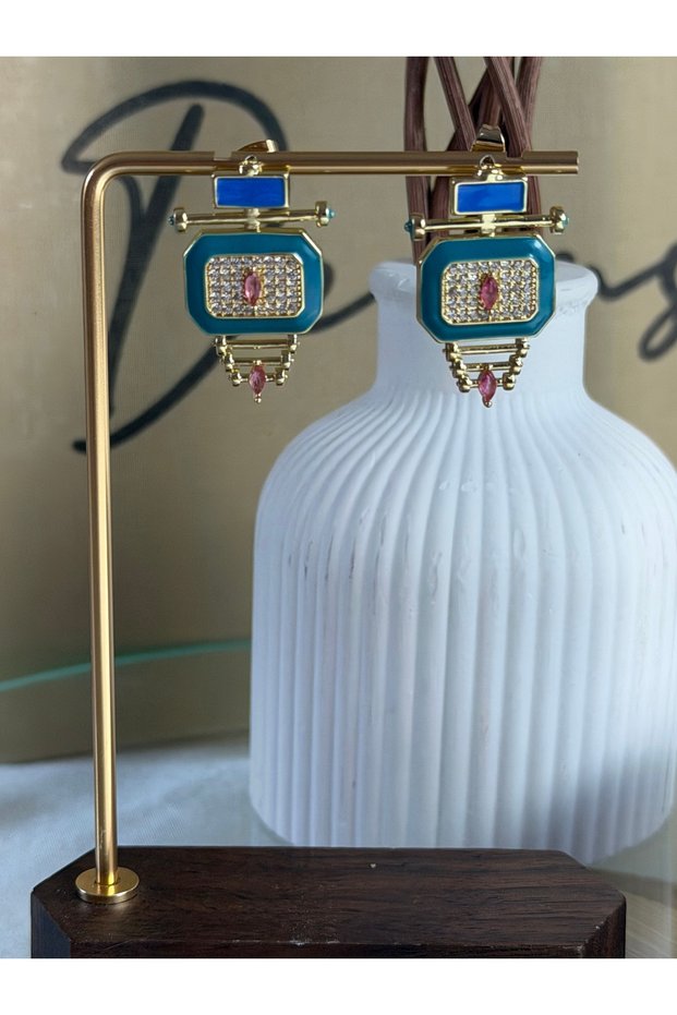 Steel Women's Blue Stone Geometric Design Gold Pendant Earrings