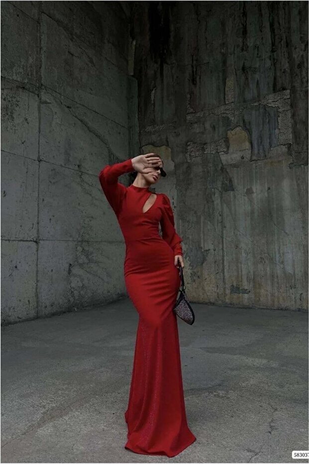 Glittery Maxi Low-Cut Evening Dress Fabric Dress with Degaje Collar
