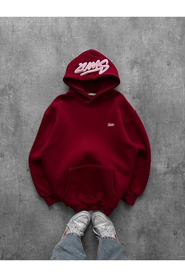 Unisex Oversize 3 Thread Yarn Kangaroo Pocket Printed Hooded Sweatshirt with "Slogan Written on the Hood and Chest"