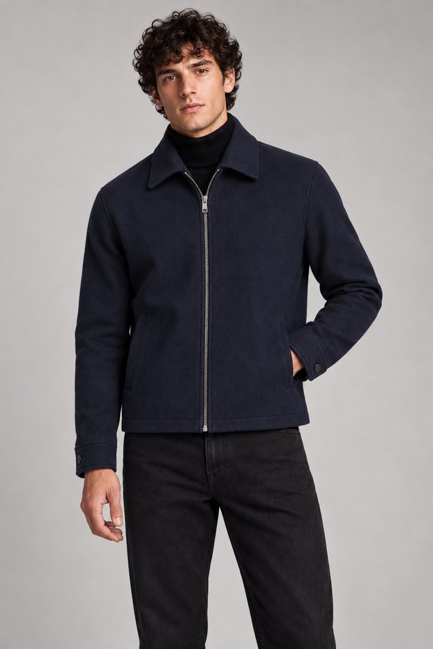 Men's Navy Blue, Classic Collar Zippered Lined Cashmere Jacket – Regular Fit Short Cut Winter Cashmere Jacket