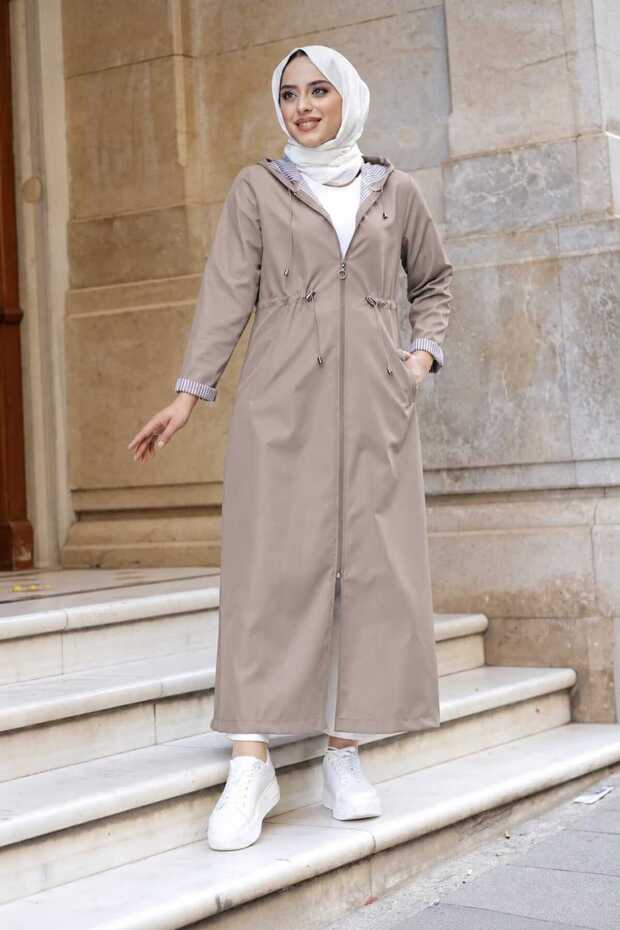 Hooded Full-Length Long Trench Coat with Ankle and Inner Stripes