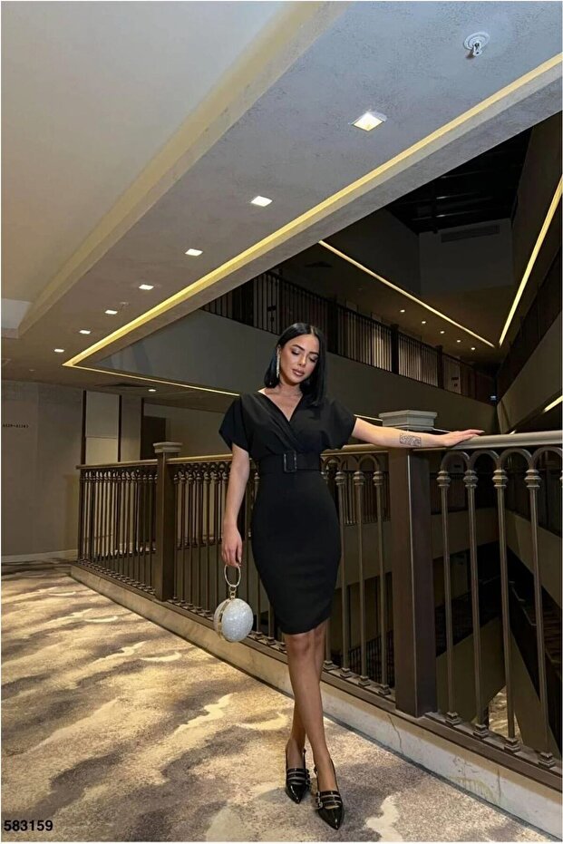 Double-Breasted Short Dress with Collar and Belted Sleeves
