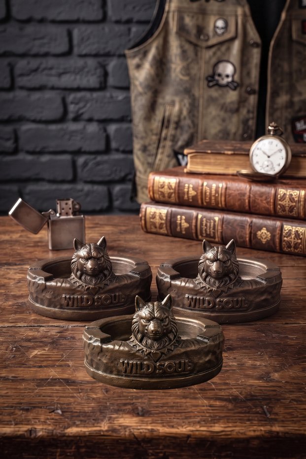 3-Piece Bronze Wolf, Ashtray, Handmade Object, Gold Decorative Ashtray, Design Ashtray, Gift Object, Men's Gift, Office Decoration, Father's Day Special, Gift for Wife, Gift for Lover, Car Ashtray