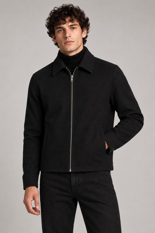 Men's Black, Classic Collar Zippered Lined Cashmere Jacket – Regular Fit Short Cut Winter Cashmere Jacket