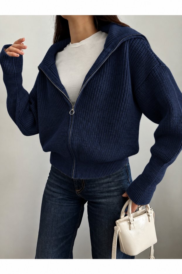 Women's Oversize High Collar Zippered Knitwear Cardigan