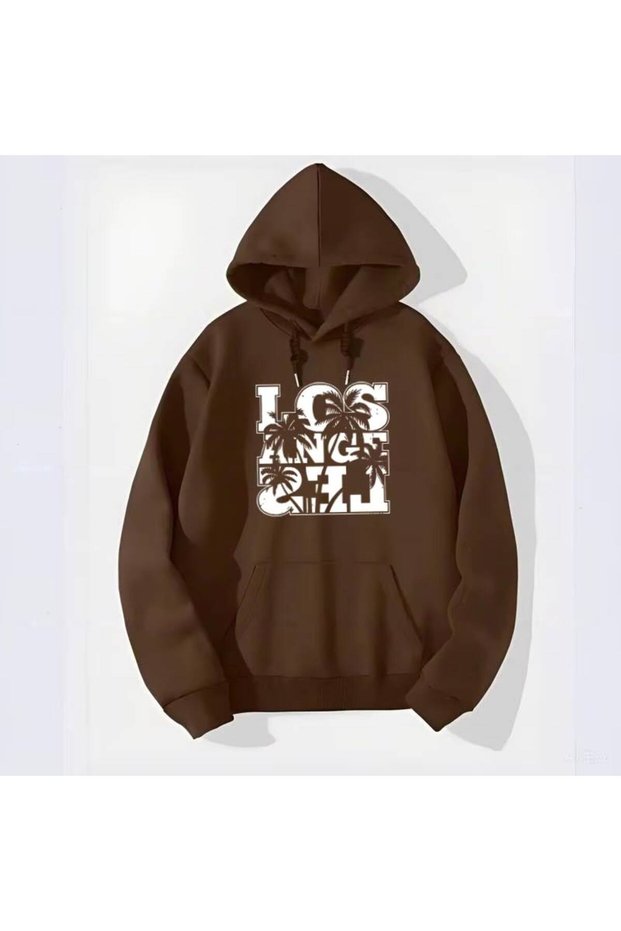 Unisex Oversize 3 Thread Raster Printed Hooded Sweatshirt with Kangaroo Pocket, "Los Angeles" Written and Palm Tree Motif