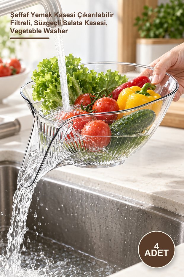 4 Pieces Fruit and Vegetable Washing Strainer – Transparent Food Bowl with Removable Filter, Salad Bowl with Strainer, Vegetable Washer
