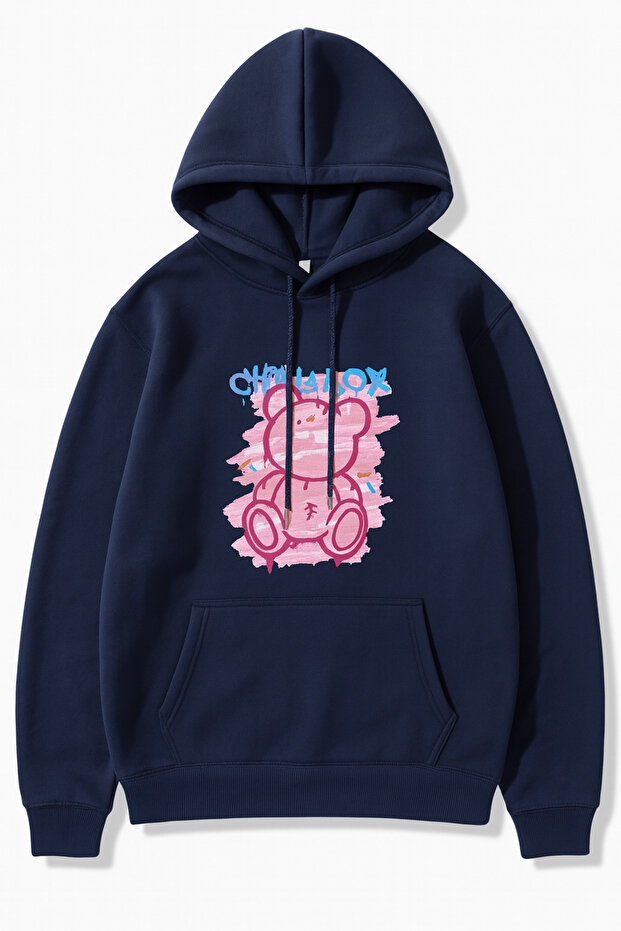 Unisex Oversize 3 Thread Raster Printed Hooded Sweatshirt with Kangaroo Pocket and Adjustable Drawstring "Bear Figure and Slogan Text"