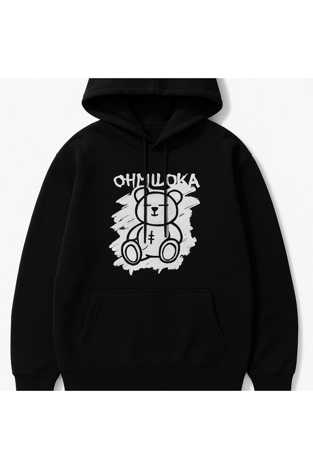 Unisex Oversize 3 Thread Raster Printed Hooded Sweatshirt with Kangaroo Pocket and Adjustable Drawstring "Bear Figure and Slogan Text"