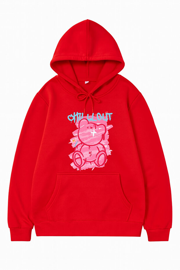 Unisex Oversize 3 Thread Raster Printed Hooded Sweatshirt with Kangaroo Pocket and Adjustable Drawstring "Bear Figure and Slogan Text"
