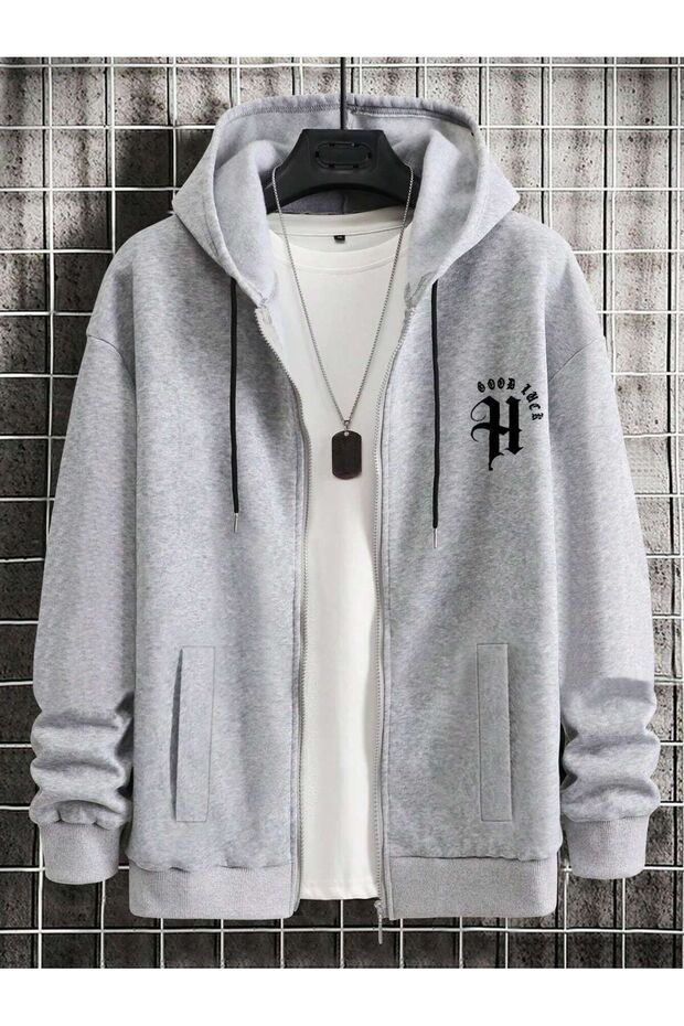 3 İplik Gray H Good Life Zippered Winter Cardigan - Printed Oversize Hooded Jacket