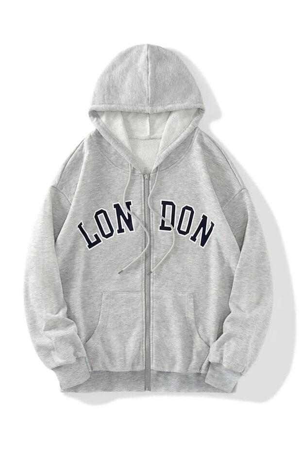 3 Thread Gray London Text Zippered Winter Cardigan - Printed Oversize Hooded Jacket