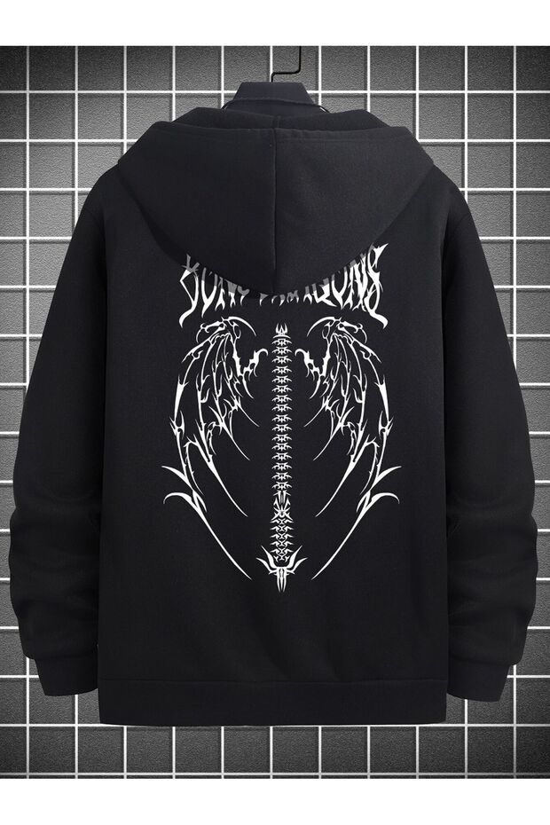 3 Thread Black Wing Design Zippered Winter Cardigan - Printed Oversize Hooded Jacket