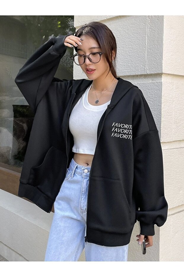 3 Thread Black Favorite Text Zippered Winter Cardigan - Printed Oversize Hooded Jacket