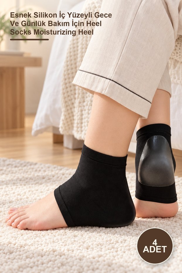 4 Pieces of Black Silicone Heel Moisturizing Socks – Heel Socks Moisturizing Heel for Night and Daily Care with Flexible Silicone Inner Surface