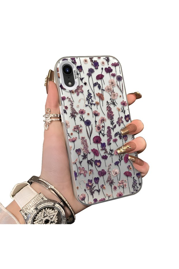 iPhone Xr Compatible French Style Purple Tone Wild Flower Phone Case Shockproof