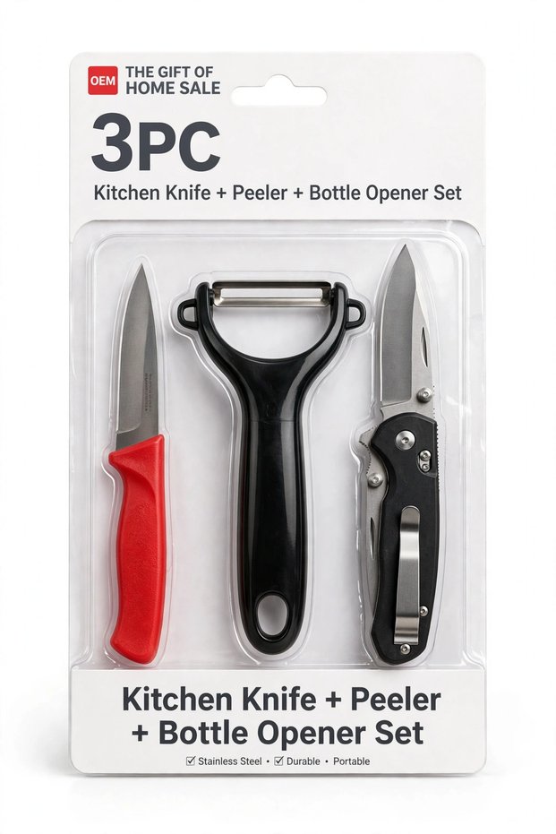 3Pcs Kitchen Knife Set with Peeler & Bottle Opener - Stainless Steel Knife Set