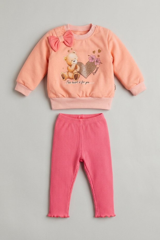 Baby Girl Teddy Bear and Heart Print Bowknot Sweatshirt and Ribbed Leggings Set