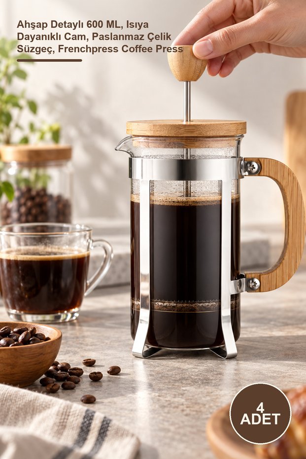 4 Pieces Glass French Press – 600 ml with Wooden Detail, Heat Resistant Glass, Stainless Steel Strainer, French Press Coffee Press