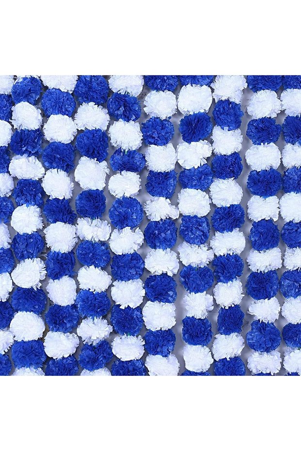 Premium Marigold Strings with Bells– Pack of 5 | Big 3-Inch Flowers | 5 Feet Each | Festival & Pooja Decoration (blue+white)