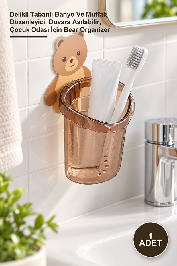 1 Piece Bear Figured Plastic Organizer – Bathroom and Kitchen Organizer with Perforated Base, Can Be Hanged on the Wall, Bear Organizer for Children's Room
