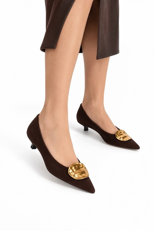 Gold Detailed Suede Pointed Toe Low Heel Shoes