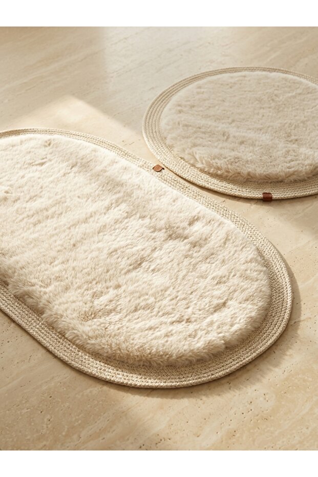 Rabbit Hair Plush Post-Bath Mat Set of 2 Ultra Soft Full Jute Edged Non-Slip Leather Base