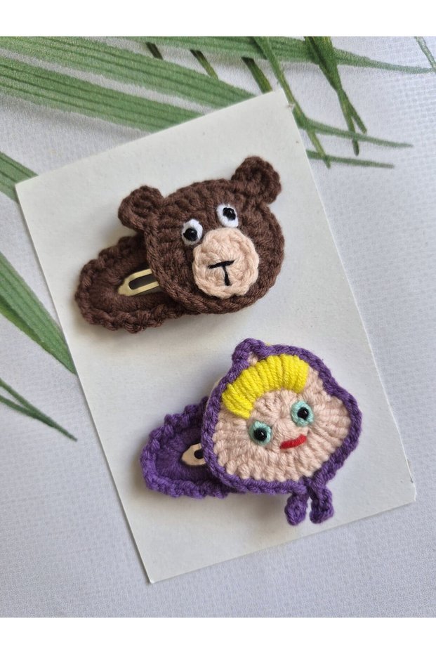 Cartoon Character Knitted Buckle Purple Scarf Girl - Cute Bear 2-Piece Special Design Children's Hair Accessory