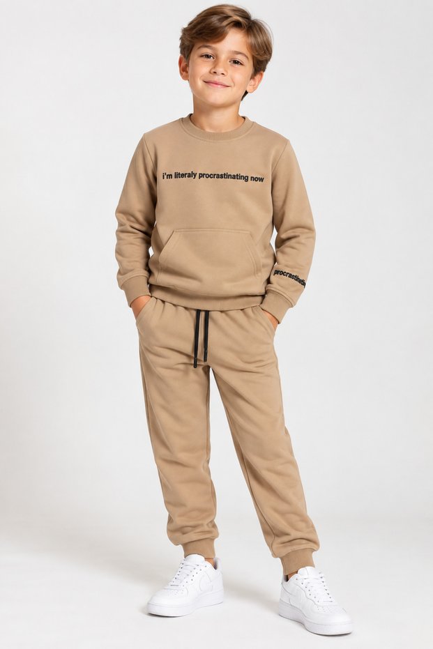 Kids Boys 2 Thread Fabric Double Tracksuit Set Printed Sweatshirt and Pocketed Belted Pants