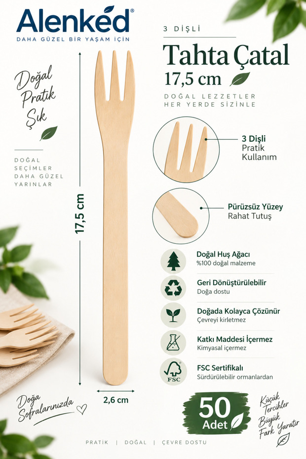 Pack of 50 Ecological 3-Tine Wooden Forks 17.5 cm – Birch Wood Disposable Wooden Forks