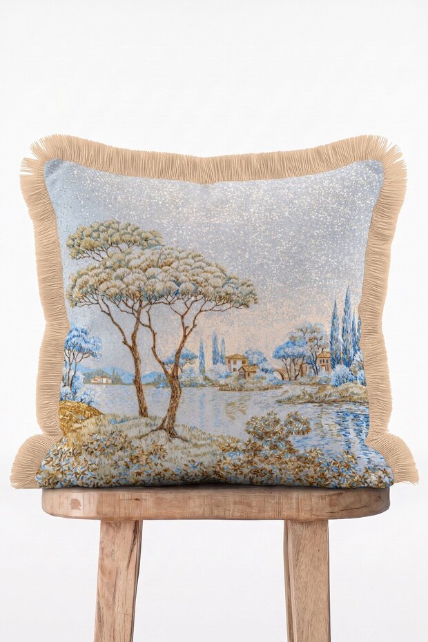 Blue Toscana Landscape and Tree Patterned Blue Beige Fringed Decorative Throw Pillow Cover